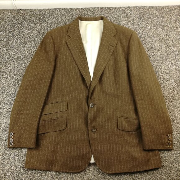 Vintage Turnbull & Asser 42R Flannel Wool Pinstripe Brown Suit Jacket *Flaw - Picture 1 of 14